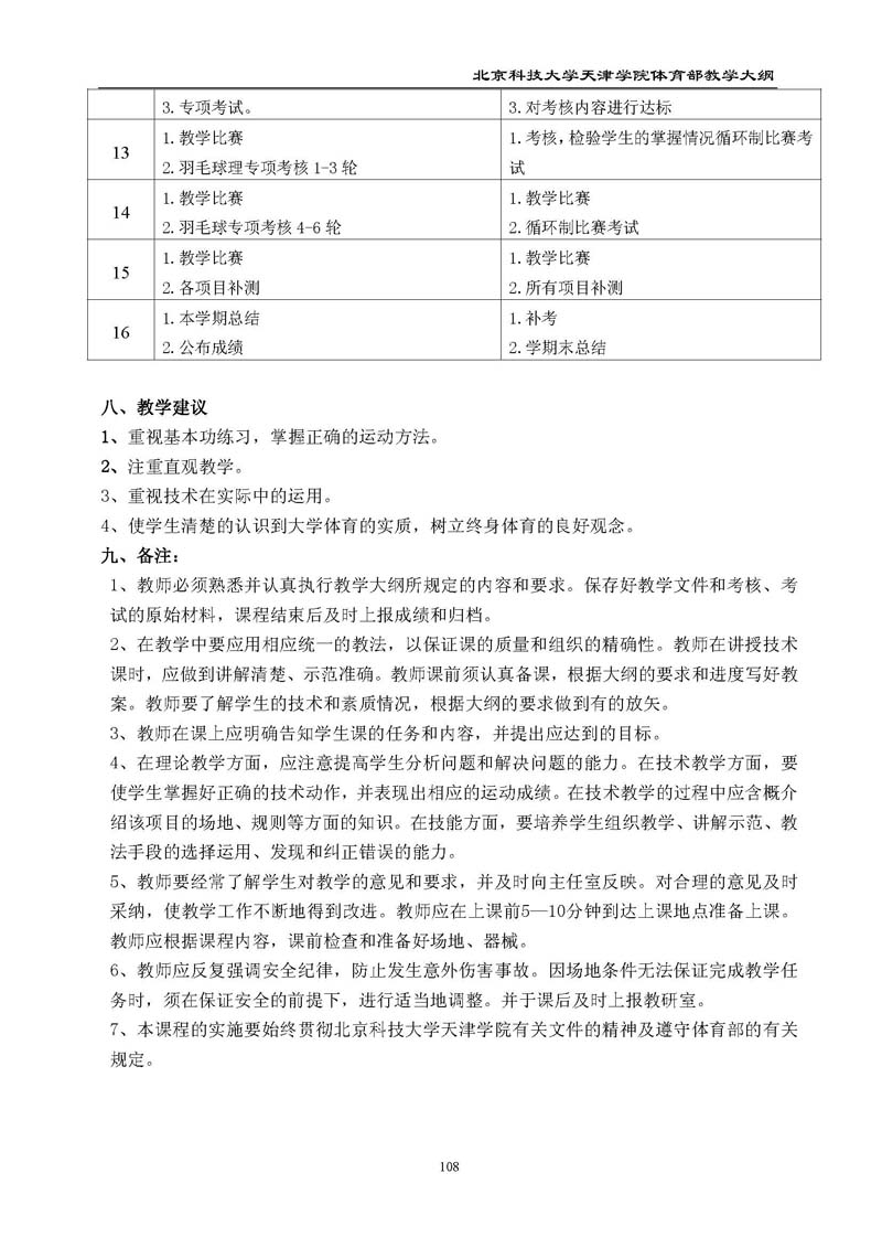 北京科技大学天津学院体育部教学大纲