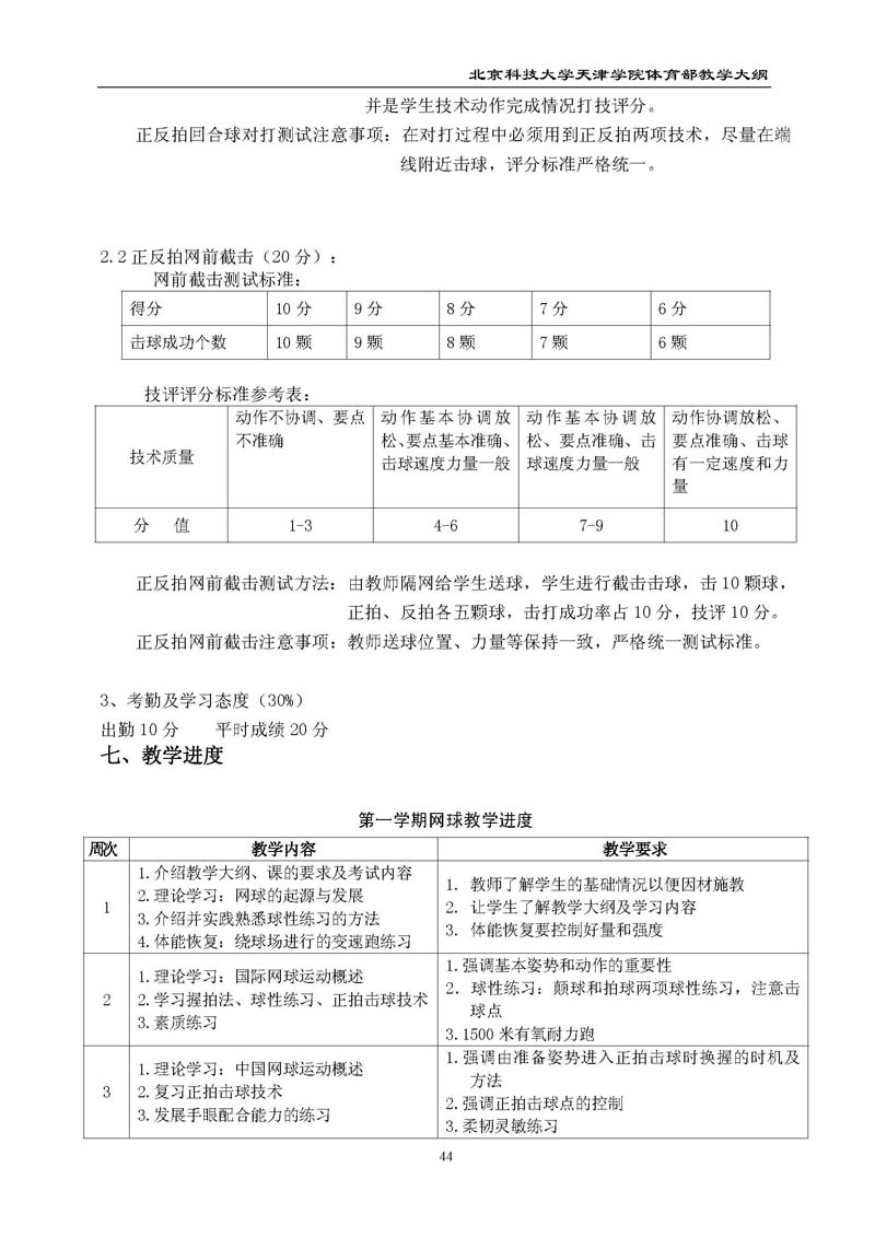 北京科技大学天津学院体育部教学大纲