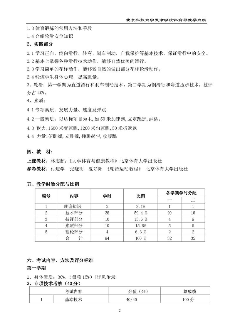 北京科技大学天津学院体育部教学大纲
